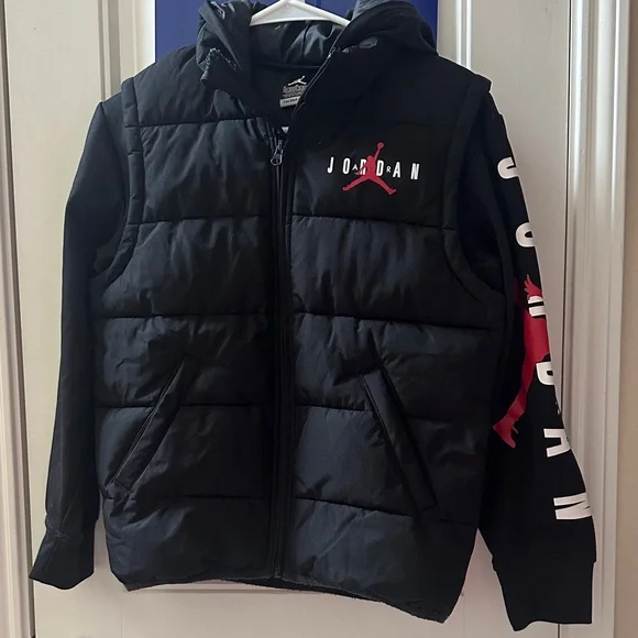 Jordan Black and Red Puffer Vest with Hoodie - Picture 1 of 6